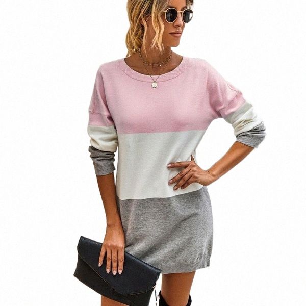 

casual dresses women autumn winter dress fashion o neck striped patchwork knitted ladies 2021 long sleeve slim fit bodycon mini dress#2 83mh, Black;gray