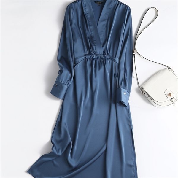 

casual dresses tangada autumn fashion women elegant satin long sleeve office ladies midi with slash 6d105 220914, Black;gray