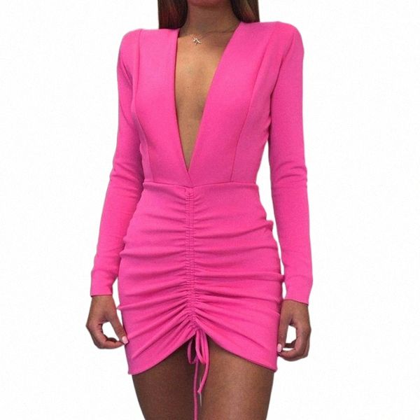 

casual dresses pink clothes bodycon bandage women dress party long sleeve short streetwear slim solid v-neck vestido girls 07pv#, Black;gray
