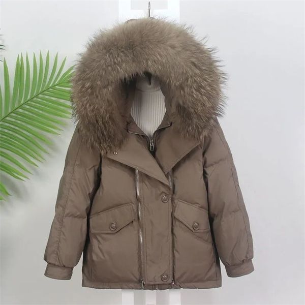 

womens down parkas solid women winter down coat hooded large real fur collar thick warm female zipper loose korean down jackets y227, Black