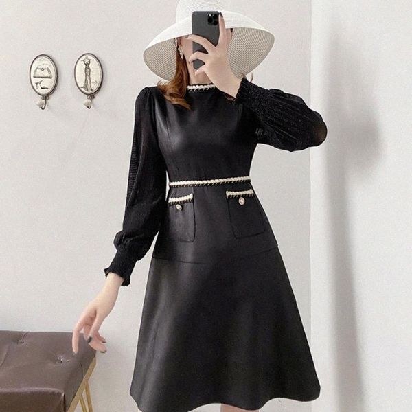 

casual dresses 2021 spring autumn o-neck puff sleeve women dress elegant sweet elastic waist lady leather black qx883 o22t#, Black;gray