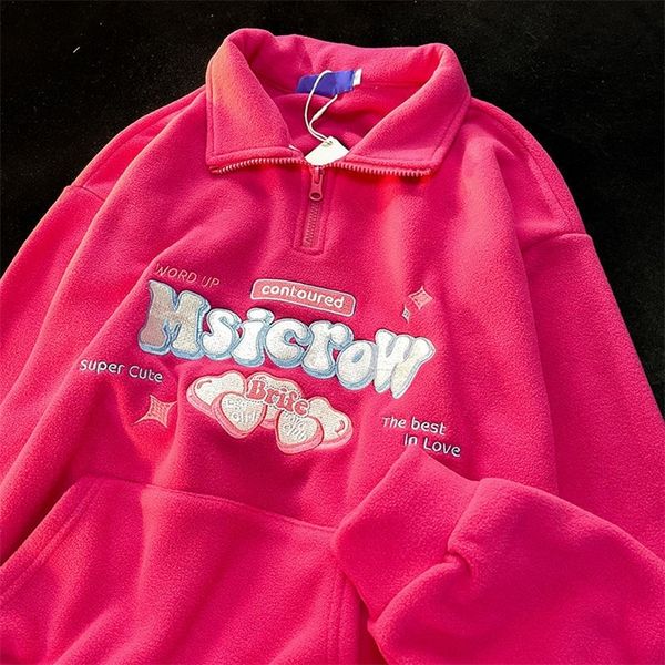 

women s hoodies sweatshirts letter embroidery women winter long sleeve turn down collor pullover casual classic korean style loose outwear, Black