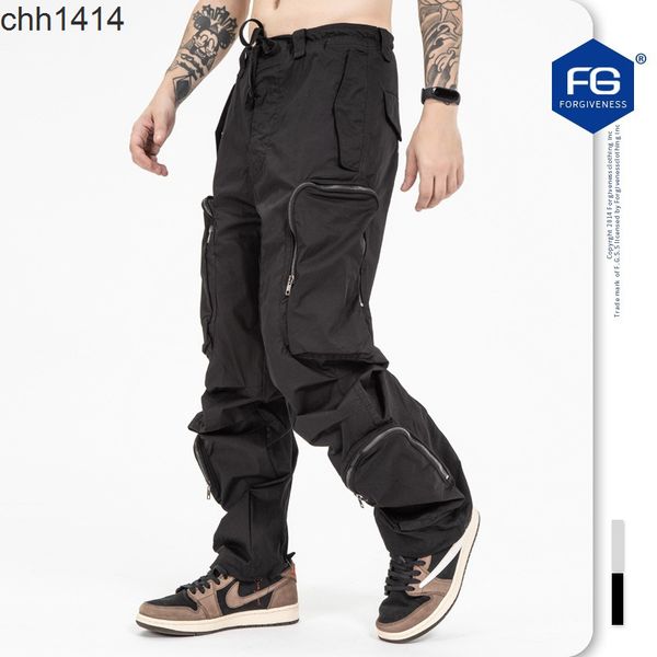 

2020 autumn and winter new fashion brand used multi zipper three-dimensional loose multi pocket overalls, Black