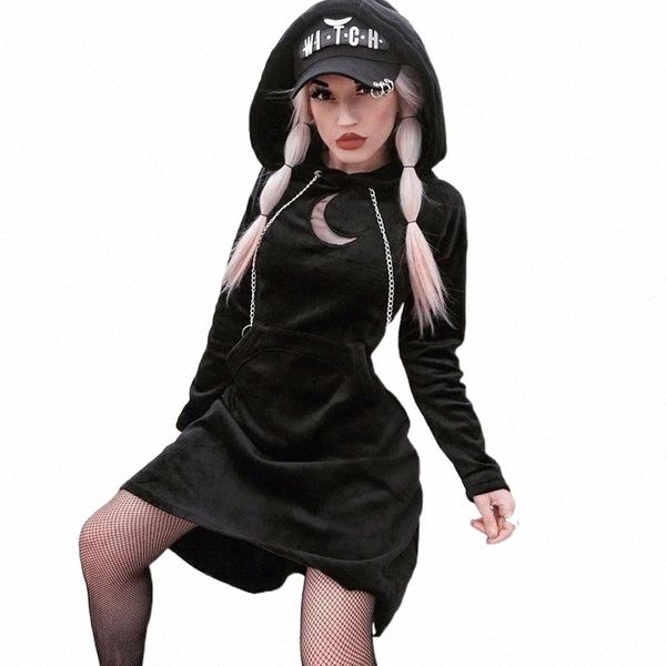 

casual dresses gothic punk style girls solid long sleeve womens harajuku moon hollow out hoodies dress mini v3k3#, Black;gray