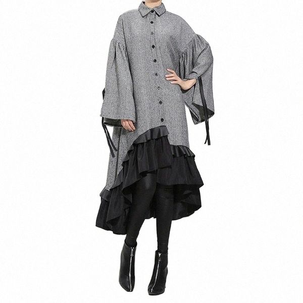 

casual dresses johnature 2021 winter women shirt dress gray patchwork flare sleeve loose fashion cloths p7ph#, Black;gray