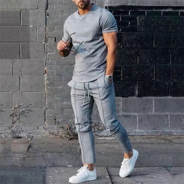 

men's tracksuits men's tracksuit casual o neck short-sleeved pullover t-shirt trousers set for men streetwear cotton two-piece men, Gray