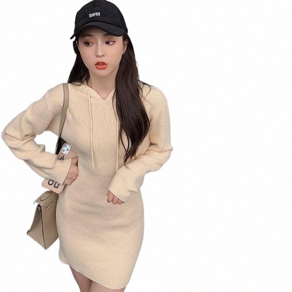 

casual dresses hooded knitted sweater dress women long sleeve solid sheath mini korean vintage pullovers harajuku slim fitted x677 45nz#, Black;gray