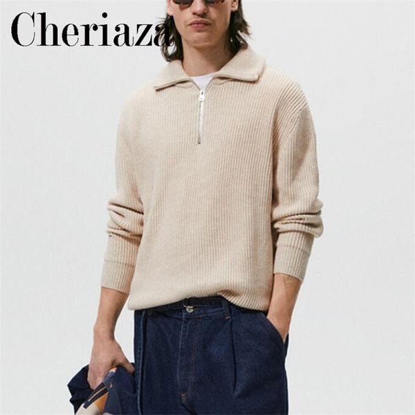 

mens sweaters cheriaza autumn winter men beige half turtleneck zipper knitted sweater long sleeves casual simple pullover sweaters male jump, White;black