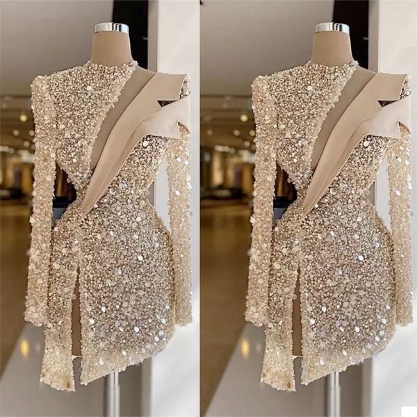 

champagne evening dresses luxury sequins beads high neck long sleeves prom dress formal party gowns custom made knee length robe de mariee, Black;red