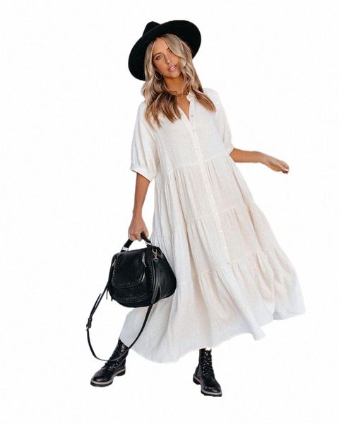 

casual dresses lugentolo summer boho dress women half sleeve turn-down collar button solid color a-line big swing long 12zc#, Black;gray