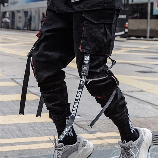 

men's pants pfnw men's streetwear hip hop casual overalls solid black male trousers cool safari style joggers ribbons cargo pants