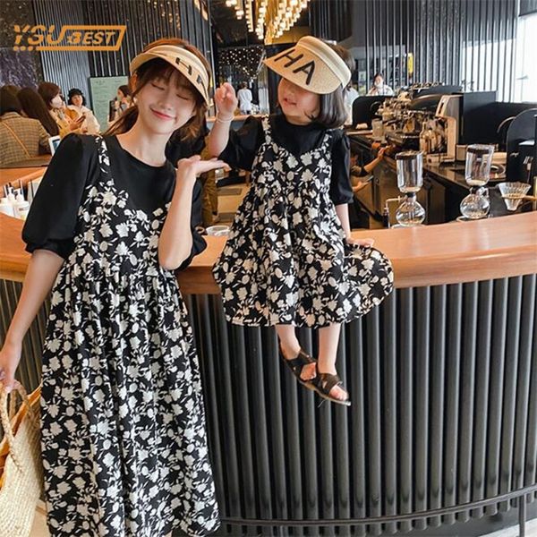 

family matching outfits mother and daughter short sleeves fake two piece floral dress clothes clothing 220914, Blue