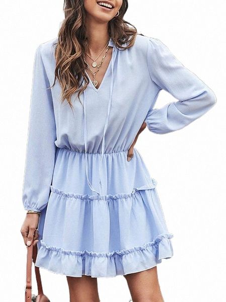 

casual dresses long sleeve mini dress fashion wild solid color strap tied v-neck high waist a-line fitting ruffle vacation o1ja#, Black;gray