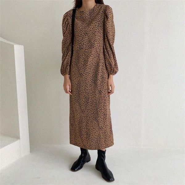 

casual dresses hzirip 2021 autumn women puff sleeve high waist heart print split gentle sweet o-neck female office lady w8z4#, Black;gray