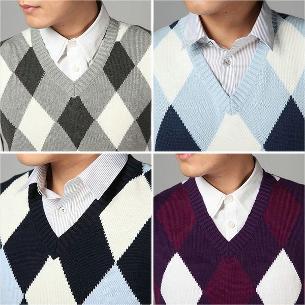 

men s sweaters fashion design v neck male waistcoat knitted vest men sleeveless sweater argyle pattern pink purple grey navy 220914, White;black