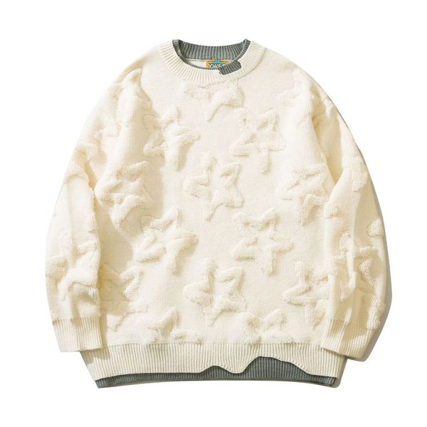 

men s sweaters retro three dimensional jacquard round neck star couple knitted autumn winter fake two piece pullover 220913, White;black
