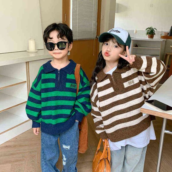 

pullover autumn winter warm embroidery zipper pullovers children striped loose knitwear boys and girls sweaters 0913, Blue