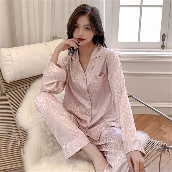 

women's sleepwear silk women's pajamas long-sleeved two-piece multicolor loose leopard print women's pajamas home service 220, Black;red
