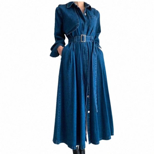 

casual dresses spring autumn vintage long sleeve denim dress women lapel high waist slim big swing a-line l9py#, Black;gray