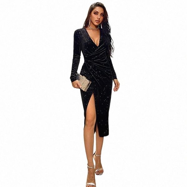 

casual dresses velvet evening women's asymmetrical long sleeves v-neck hem club fashion party 2021 r0yh#, Black;gray