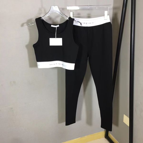 

designer active sets fashion king's yoga workout kit women vest letter webbing waist waistcoat elastic waist stretch leggings black sml