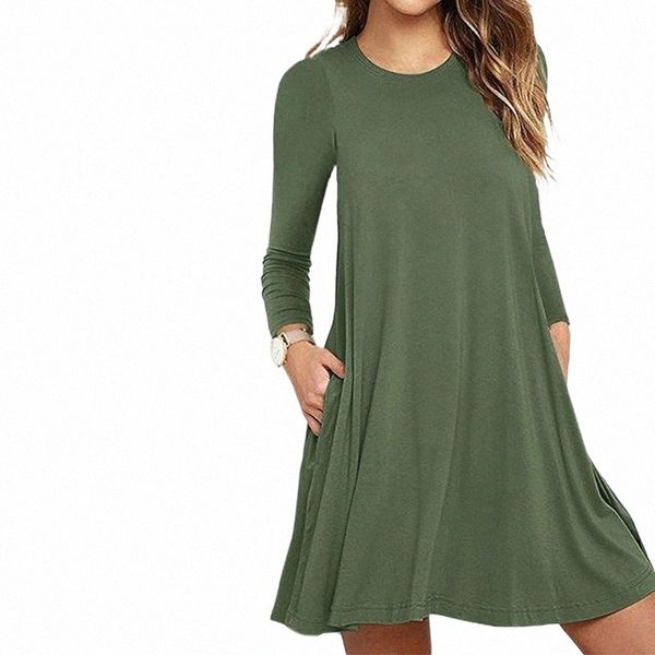 

casual dresses womens autumn long sleeve round neck plain t-shirt dress solid color pleated swing loose pullover streetwear with pockets w5p, Black;gray