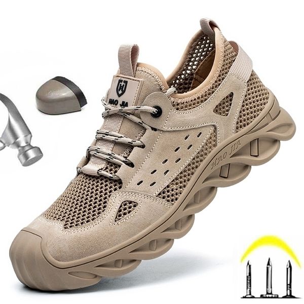 

boots men safety work breathable shoes steel toe man mesh upper sneakers punctureproof lightweight 220913, Black