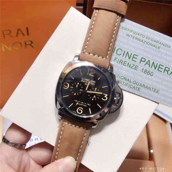 

luxury mechanical watch brand panera men's watches leather strap waterproof chronograph sport wrist watch for casual calendar sports, Slivery;black