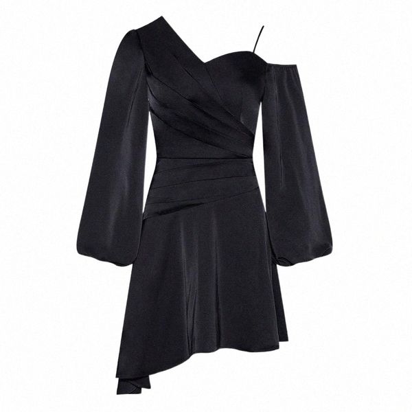 

casual dresses v neck single one shoulder lantern sleeves asymmetrical ruffle black satin dress c3dq#, Black;gray