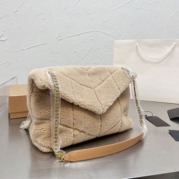 

quilted messenger bag sherpa fur handbag purse teddy plush crossbody shoulder bags genuine leather fashion letter gold chain flap puffer han