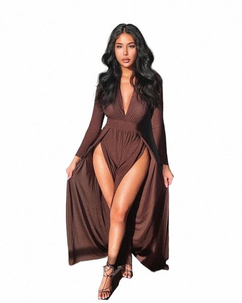 

casual dresses 2021 personality trend fashion street v-neck nightclub solid color long fork dress 434a#, Black;gray