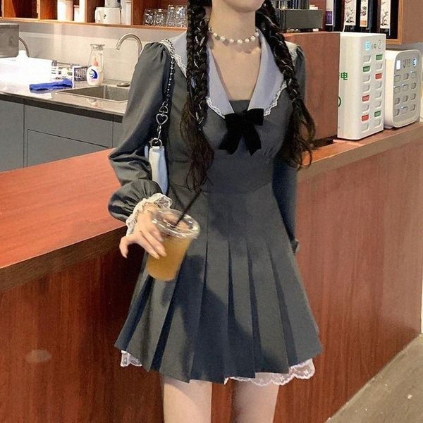 

casual dresses 2021 autumn kawaii elegant dress women korean fashion party mini lace long sleeve college style sweet cute t77j#, Black;gray