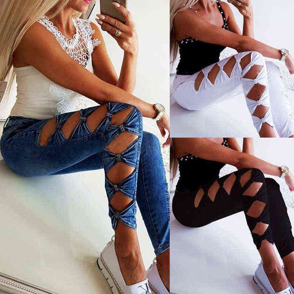 

women's jeans 2021 tight hollow out pencil pants new su1852, Blue