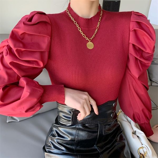 

women's knits tees women solid sweater turtleneck cropped pullover patchwork full puff sleeve sweaters jumpers for female 220914, White
