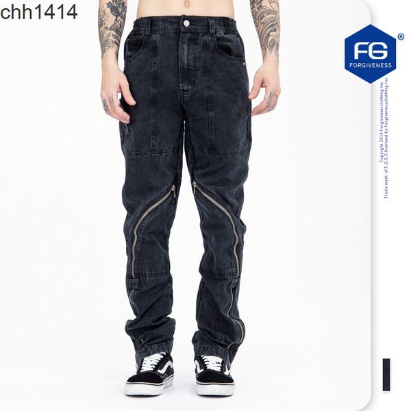 

2021 autumn and winter new fashion brand minority washed used jeans multi zipper high arcade pants, Blue