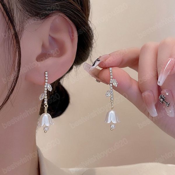 

inlaid rhinestone pearl flower dangle earrings for women luxury crystal tassel earrings fashion jewelry wedding party gift, Silver