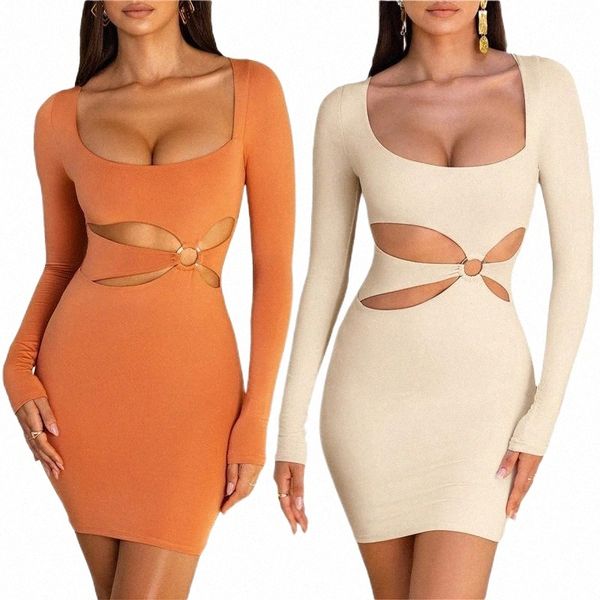 

casual dresses women close-fitting dress solid color u-shaped collar long sleeve apricot/ orange e3eo#, Black;gray