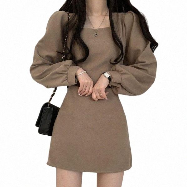 

casual dresses temperament mini dress women slim square neck puff sleeve short fashion vestidos vintage korean chic autumn g4lx#, Black;gray