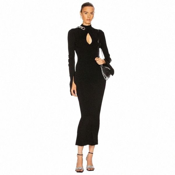

casual dresses winter women"s black full sleeve bodycon bandage dress hollow out chain celebrity evening runway party 2021 w4ca#, Black;gray