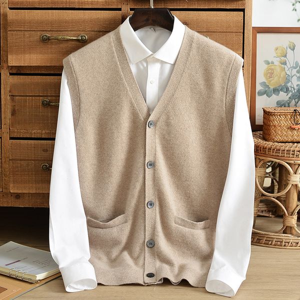 

men s sweaters autumn 100 pure cashmere men s vest sleeveless cardigan solid color jacket middle aged button casual knitted sweater l220914, White;black