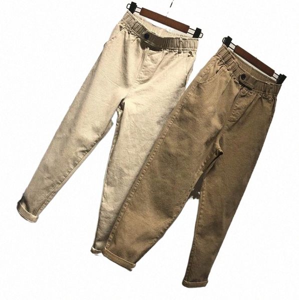 

women's pants & capris spring autumn loose khaki harem for girls elastic waist vintage cotton cropped plus size casual trousers women x, Black;white