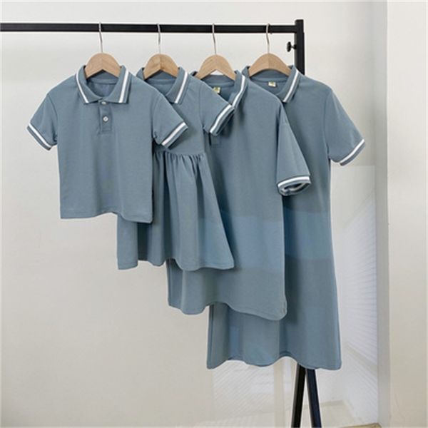 

family matching outfits parent-child dress mother and daughter dress western style summer solid color dress girl puff sleeves slim skirt 220, Blue