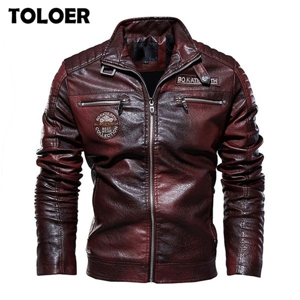 

men's leather faux mens jackets casual winter fleece jacket biker coats windbreaker male warm stand collar pu 220913, Black