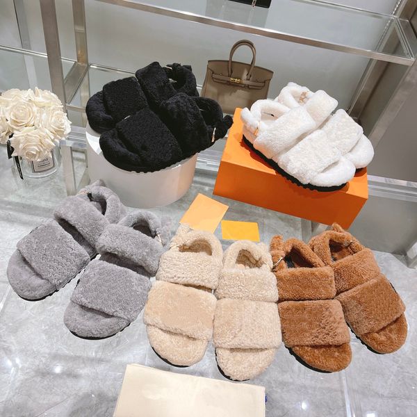 

paseo comfort luxury designer shearling fur warm indoor slides winter sandal fuzzy plush slide comfortable sandal winter woman shoes, Black