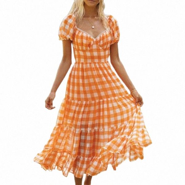 

casual dresses summer women dress elegant plaid puff sleeve long mid-calf backless tie up vacation vestidos s0oz#, Black;gray