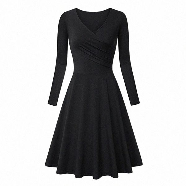 

casual dresses autumn comfortable classic black dress vintage slim cross pleated long sleeved ladies daily streetwear r4cp#, Black;gray