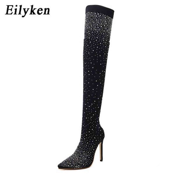 

boots eilyken fashion runway crystal stretch fabric sock over the knee boot thigh high pointed toe woman stiletto heel shoes 220913, Black