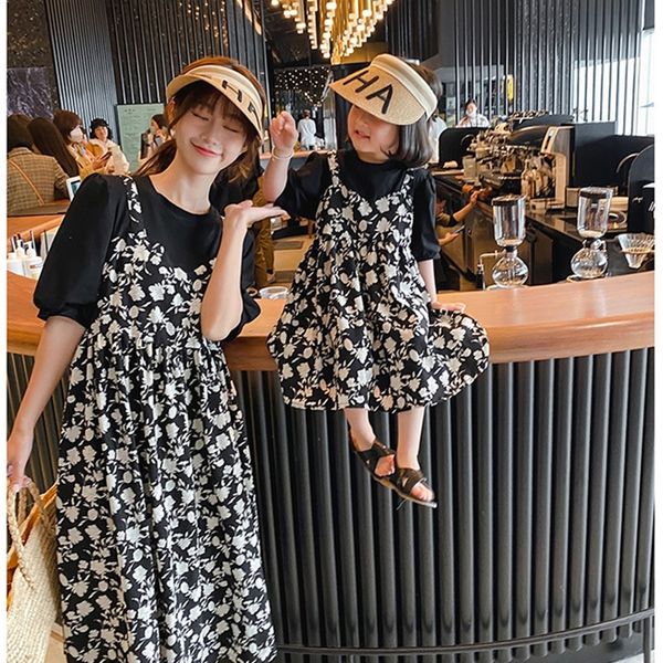 

family matching outfits summer mom daughter dress fake two short-sleeved floral loose long dress women girls family matching outfits family, Blue