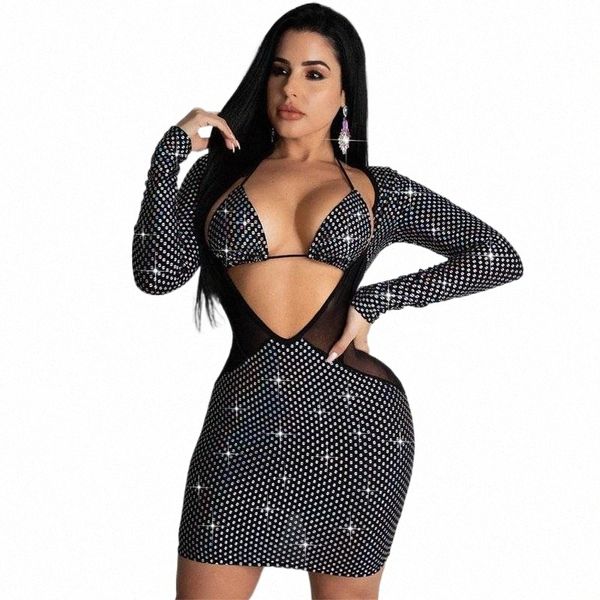 

casual dresses women summer halter bra 2 piece dress spaghetti strap hollow out party female sparkly elegant for night club h1t7#, Black;gray