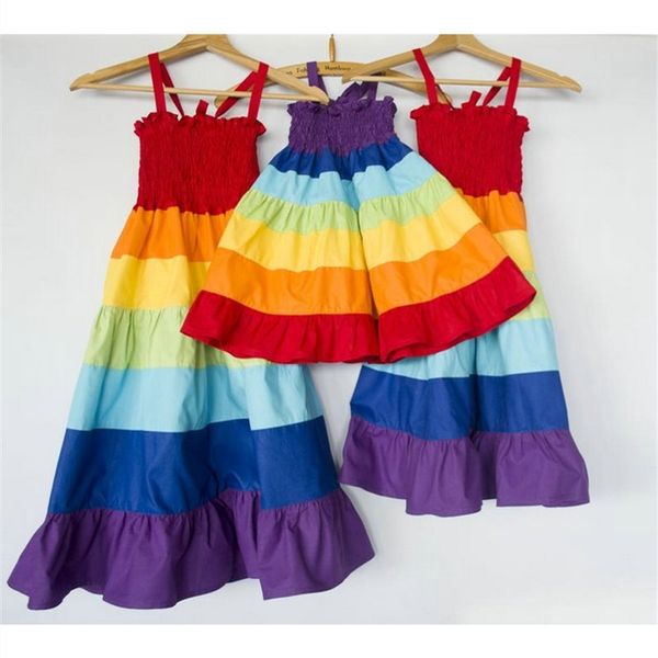 

family matching outfits rainbow mother daughter dress sleeveless mom baby family look matching summer dress outfits beach cotton dresses mot, Blue